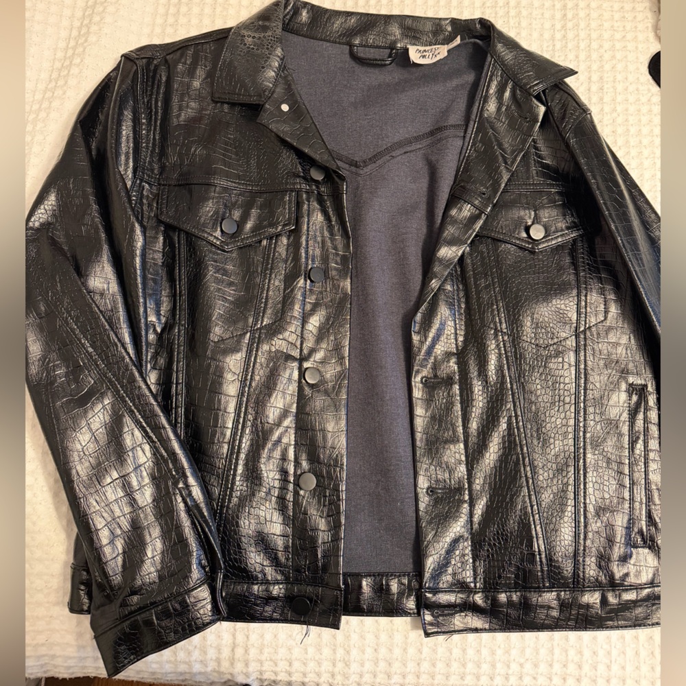 Princess Polly Black Croc-Embossed Faux Leather Jacket